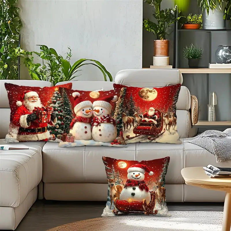 Kissenbezug mit Weihnachtsmann und Schneemann