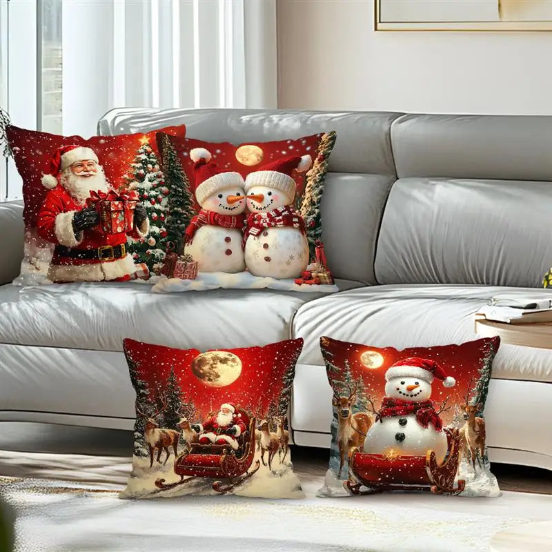 Kissenbezug mit Weihnachtsmann und Schneemann