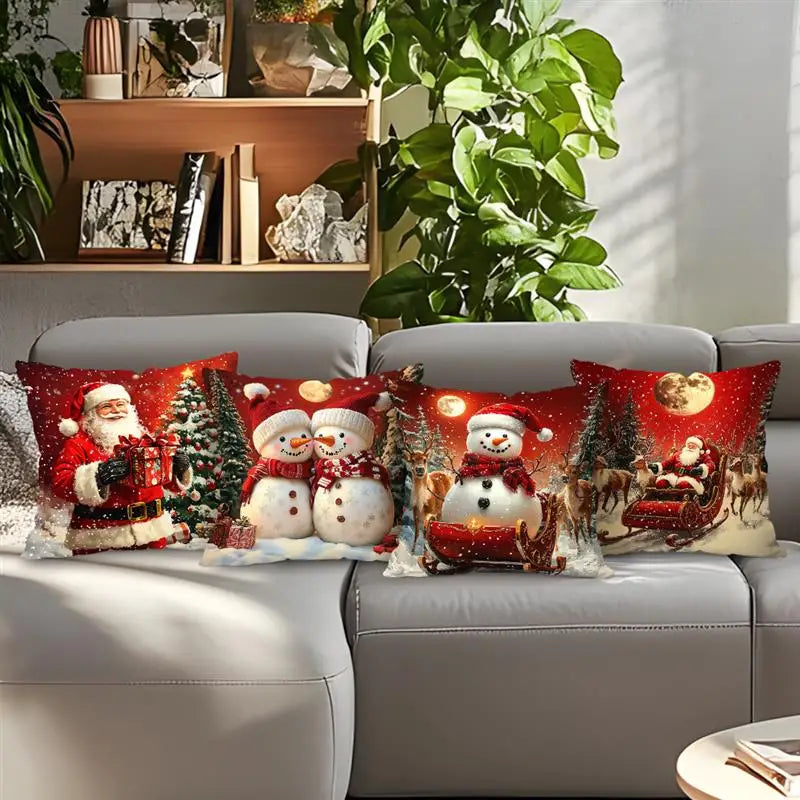 Kissenbezug mit Weihnachtsmann und Schneemann